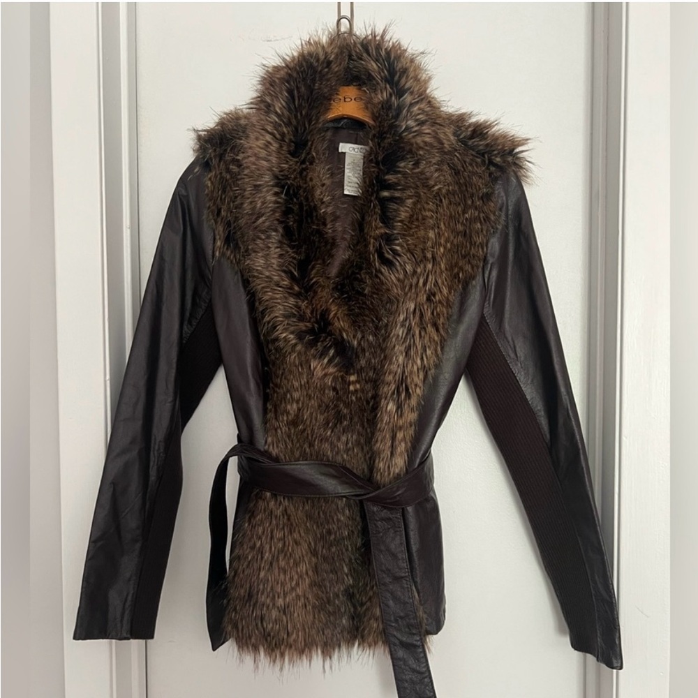 Cache Brown Leather Jacket with Fur Trim